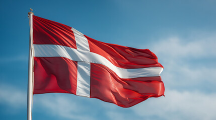 Denmark National Flag Waving in the Wind Against Blue Sky with Clouds, Symbol of Scandinavian Identity, Patriotism, Freedom and National Pride