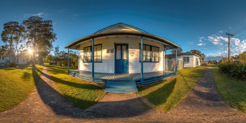 A white house with blue trim and veranda. Trees, a sidewalk, and sunlit sky