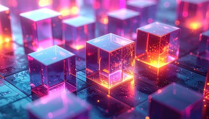 Lit translucent cubes in grid arrangement on digital, futuristic surface