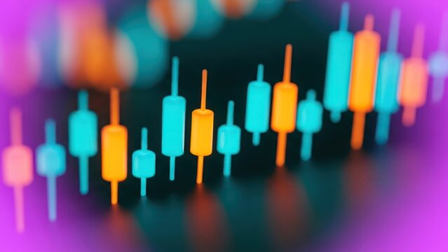 Futuristic candlestick chart with glowing teal and orange colors representing financial data analysis with copy space - Powered by Adobe