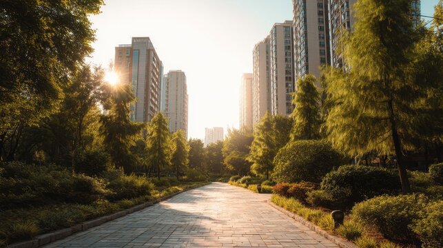 Stone paved path in a green urban park with modern high-rise buildings and bright sunlight filtering through trees, symbolizing city life and nature harmony.
