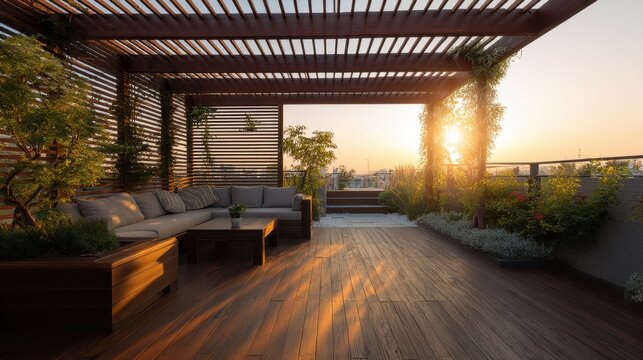 Larch wood pergola installed in the rooftop terrace with open garden at sunset. Outdoor living space for relaxation and entertaining.
