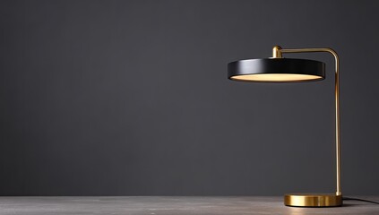 Modern black and gold desk lamp illuminated against a dark gray background