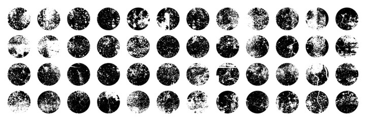 Grunge circles with stains and scratches. Circle brush stroke, round shape design element. Distressed dirty text frame, border, sticker or label. Paintbrush, ink stains. Vector illustration.