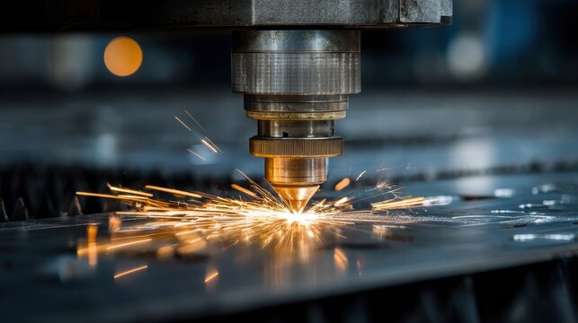 Industrial laser cutting machine processing metal sheet with bright sparks in factory workshop - Powered by Adobe