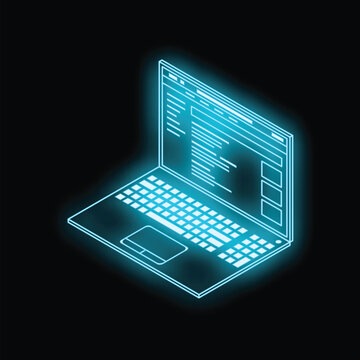 Neon blue laptop displaying programming code, representing software development and futuristic technology