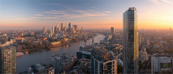 Fototapeta premium Cityscape at sunrise, river bisects city with buildings, skyline and distant structures
