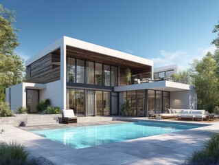 Fototapeta premium Modern home with a pool, multiple levels, large windows, and outdoor seating on a sunny day