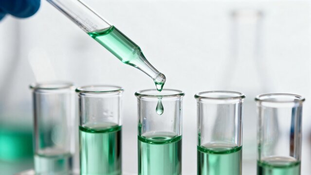 Scientist adding green liquid to test tubes