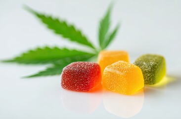 Close-up of colorful, sugared fruit gummies with a fresh cannabis leaf background