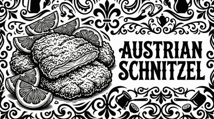 Naklejka premium Austrian schnitzel served with lemon slice Monochrome vector illustration, representing classic European meat dishes in clean outline style