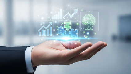 A businessman's open hand holds holographic projections of business growth, puzzle pieces, and a green tree.