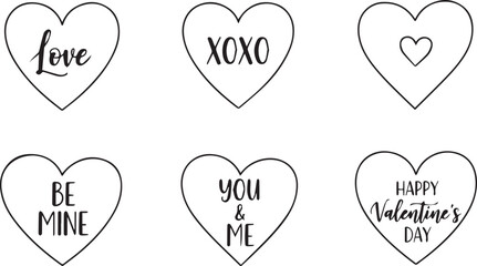 Valentines Day heart quotes set with XOXO Be Mine and Love messages for romantic stickers and gift tags