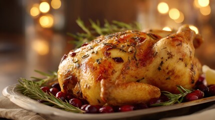 Roasted whole chicken on a platter with cranberries and rosemary, garnished for a festive meal. Holiday food for dinner party or Thanksgiving celebration.