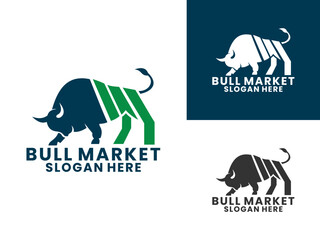 Strong bull combination with stock chart logo design vector template. Bull market logo icon design