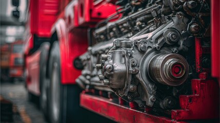 Fototapeta premium Close-up of a heavy-duty truck engine with exposed metal parts and a red frame in an industrial setting