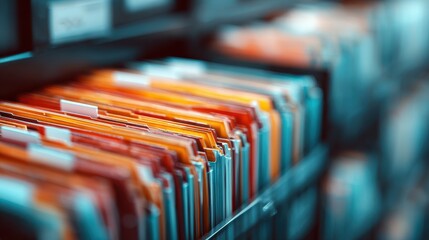 Close-up of organized file folders with colorful documents in a drawer, shallow depth of field