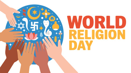 world religion day illustration with diverse human hands around globe and religious symbols promoting unity, peace, faith and global harmony