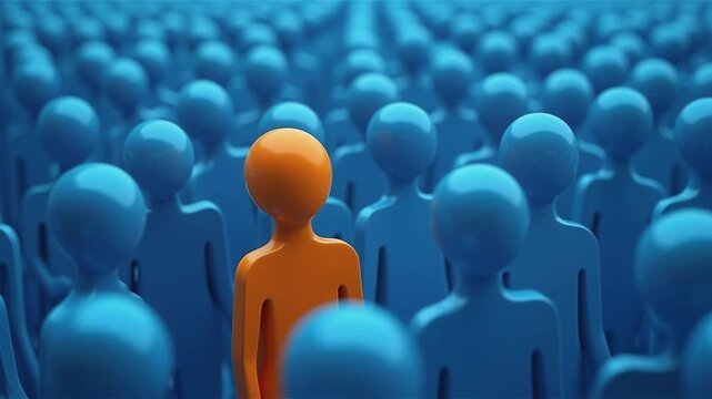 individuality, uniqueness, standing out, crowd, blue background, focus, concept of individuality, leadership A bright orange figure stands out among a sea of blue figures