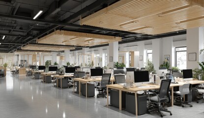 Modern Office Space with Desks and Computers.
