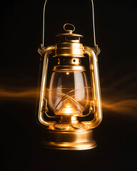 Antique brass oil lantern illuminated with warm light on dark background, traditional lighting and decor element