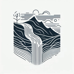 Monochrome Mountain Landscape with Waterfall and Geometric Design.