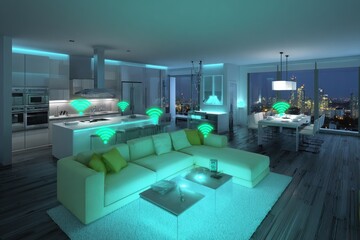 Modern Smart Home Interior with Ambient Lighting and Integrated Technology.