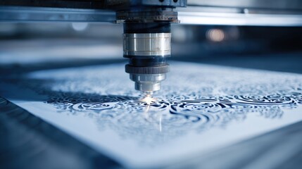Precision CNC laser cutting machine engraving intricate ornate pattern on white material