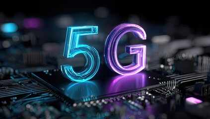 Illuminated 3D "5G" text atop a detailed circuit board, reflecting vibrant blue and purple light