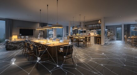Modern Smart Home Interior with Network Overlay.