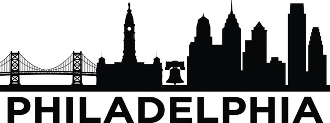 Philadelphia city skyline silhouette featuring iconic landmarks bridge Liberty Bell urban architecture vector illustration on white background design