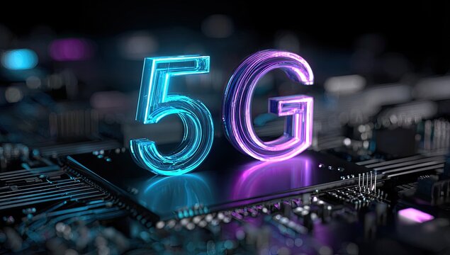 Illuminated 3D "5G" text atop a detailed circuit board, reflecting vibrant blue and purple light - Powered by Adobe