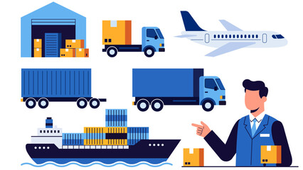Supply Chain Management and International Logistics Process with Cargo Transportation Flat Design Illustration