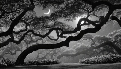 Mysterious Crescent Moon Over Ancient Twisted Oak Trees.
