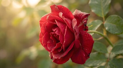Obraz premium Beautiful red rose with dew drops on petals in garden Dewy Red Rose 