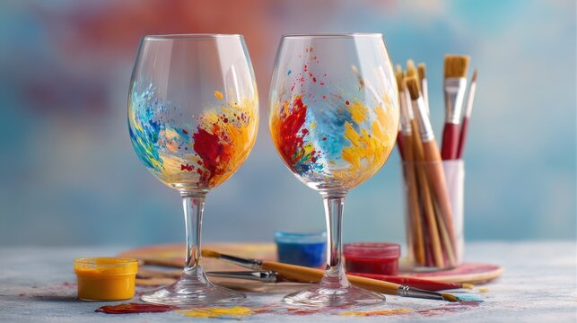 Two wine glasses are painted with colorful splashes of acrylic paint. Creative art workshop for party activity, painting event, or fun hobby.