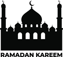 Ramadan Kareem greeting featuring mosque silhouette with domes minarets and crescent moon minimalist Islamic black vector illustration design