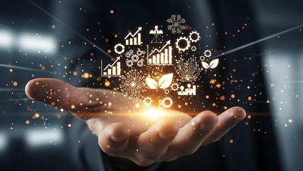 An open hand holds a luminous collection of diverse business and environmental sustainability icons.