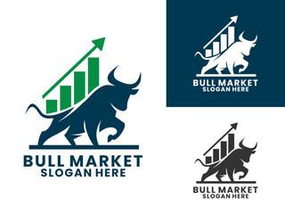 Valiant bull with stock chart and arrow logo design vector template, Bull market icon design vector