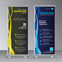 Business Roll up banner vertical template design, for brochure, business, modern x-banner with yellow and blue and standees banner advertising. vector illustration