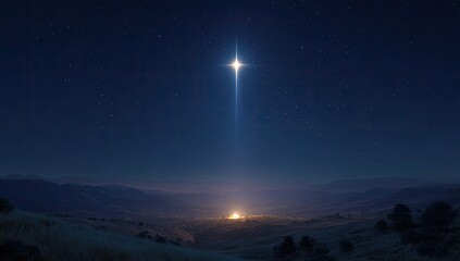 Night sky with a bright celestial object shining down on a distant settlement