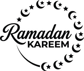 Ramadan Kareem Typography with Crescent Moon and Stars, Minimal Islamic Holiday Greeting Design for Holy Month Celebration Poster Art