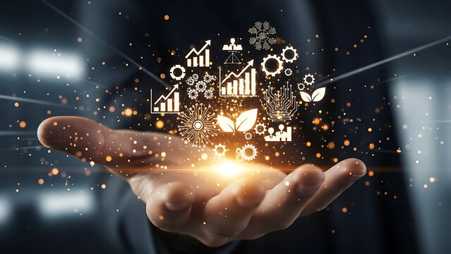 An open hand holds a luminous collection of diverse business and environmental sustainability icons. - Powered by Adobe