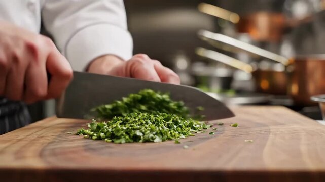 Chef finely chopping fresh green herbs on a wooden cutting board with a sharp knife