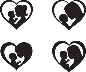 Mother And Child Heart Silhouette Icon,  family support icon, loving mother art, nursery theme vector.