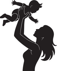 Mother Lifting Baby Silhouette Icon, baby holding mom, maternal bond icon.