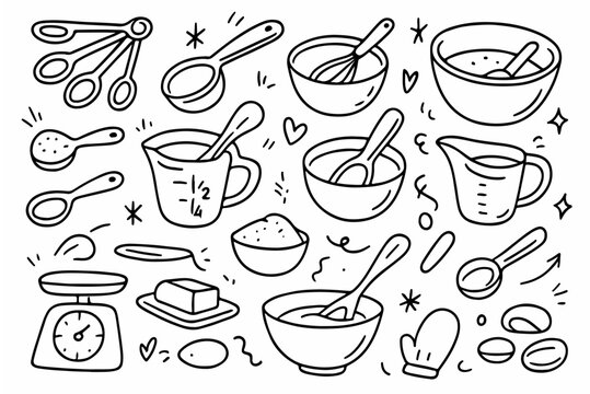 Hand-drawn doodle vector set of measuring spoons and bowls including kitchen utensils and cooking tools illustrated in a fun style, isolated on white background