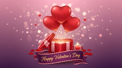 A festive Valentine's Day graphic with heart-shaped balloons and gifts