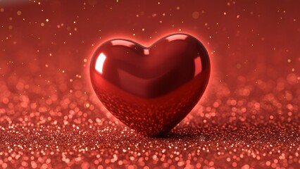 Fototapeta premium A shiny red heart on a glittery red background with sparkles