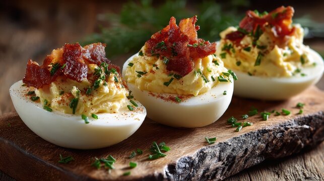 Deviled eggs topped with bacon, paprika, and chives, served on wood. Showcase this savory appetizer for your party or holiday menu.